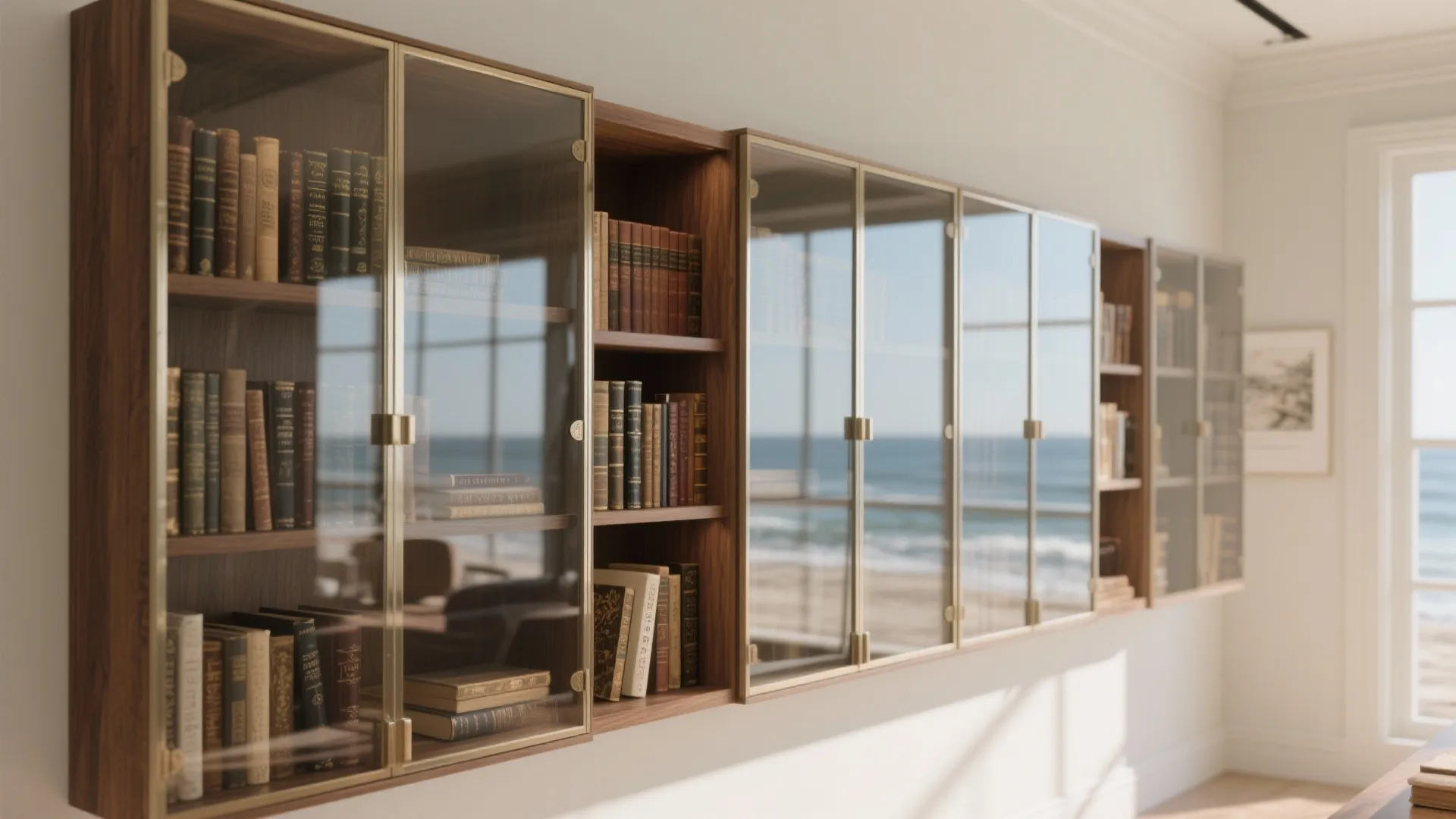 Wooden wall cabinet with glass doors filled with books reflecting a sunny window and ocean