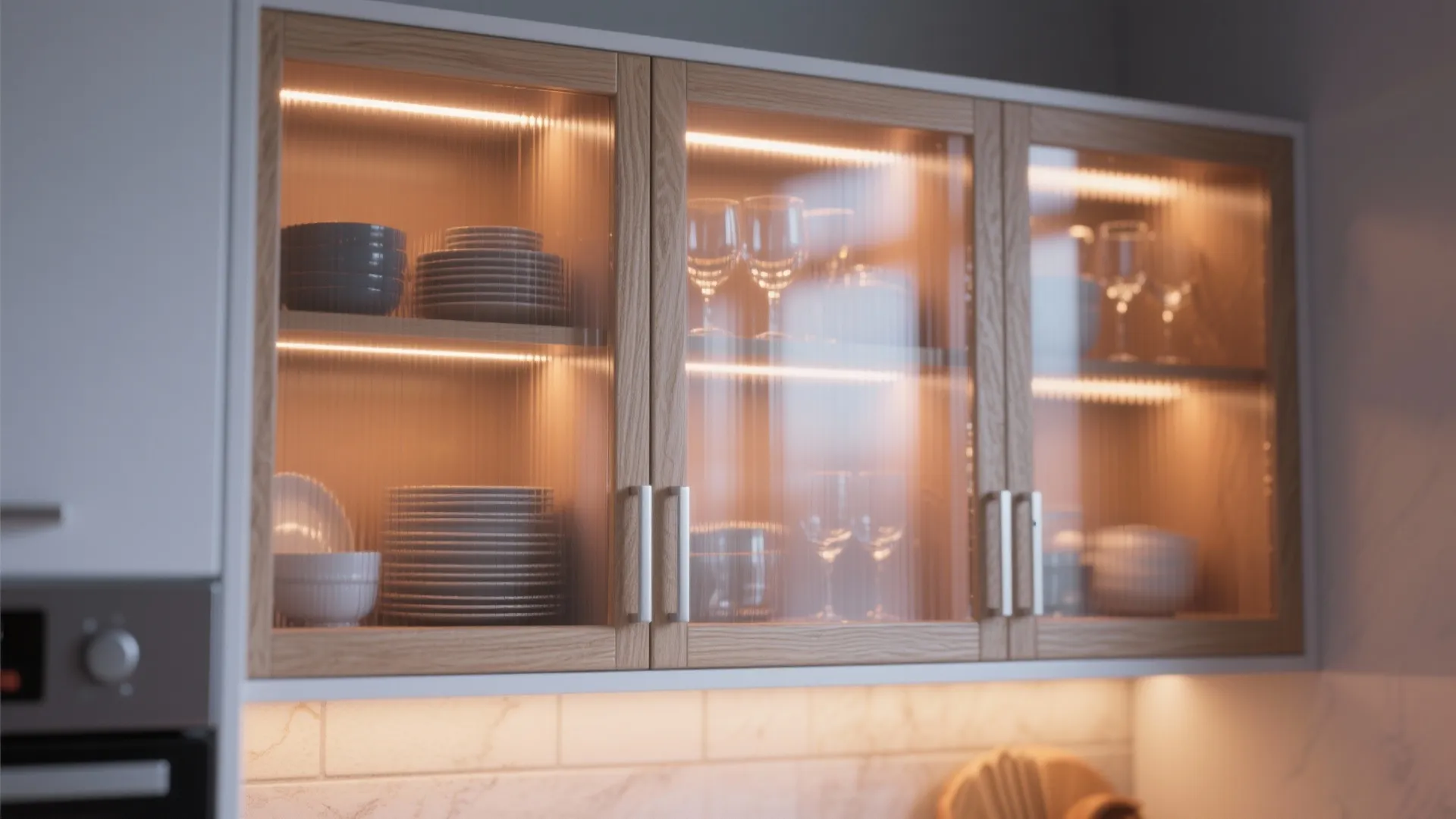Modern kitchen wall cabinet with wood frames textured glass doors warm light and organized plates