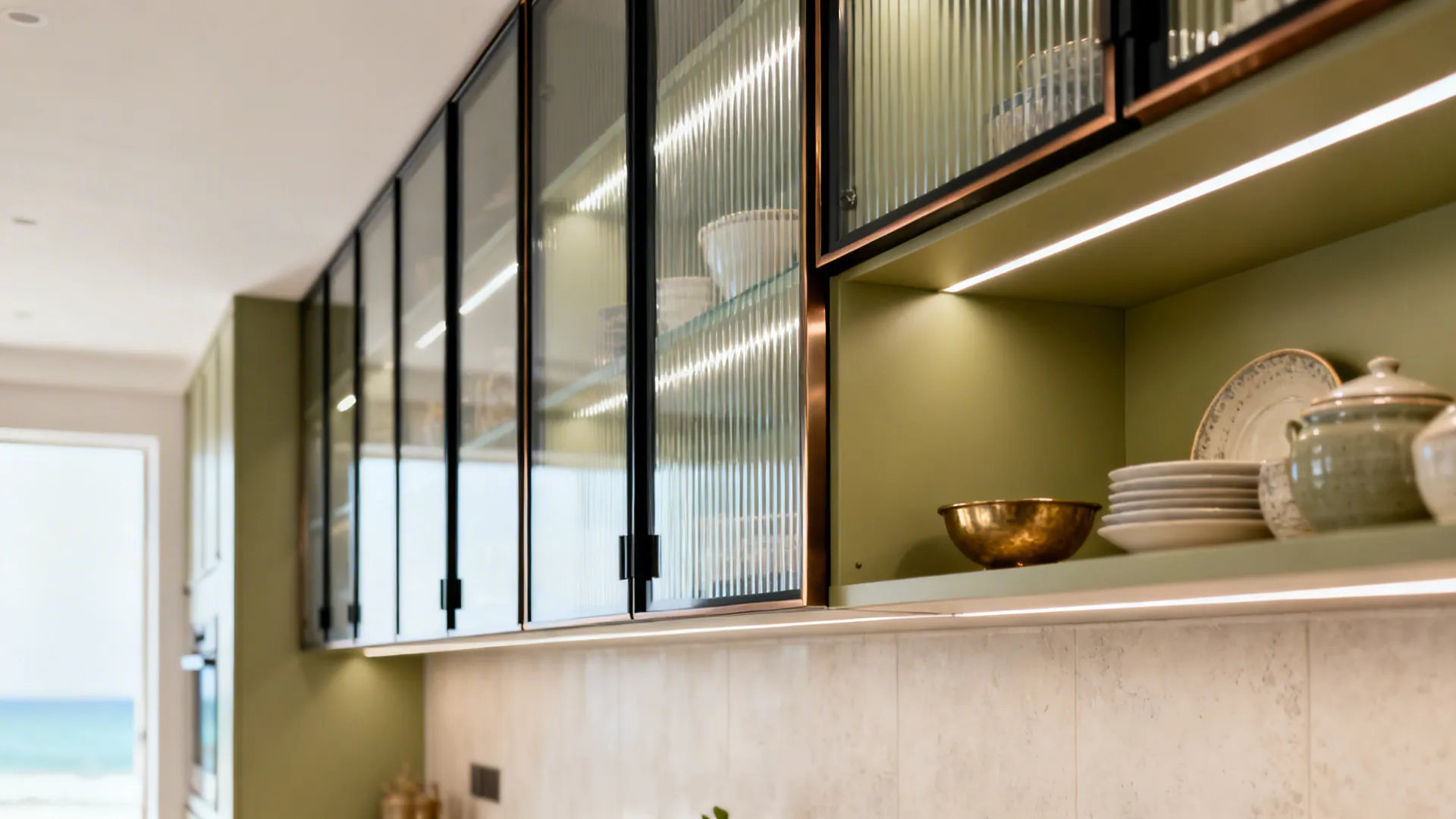 Glass-front upper cabinets with slim dark frames display crockery and add depth to a galley kitchen.