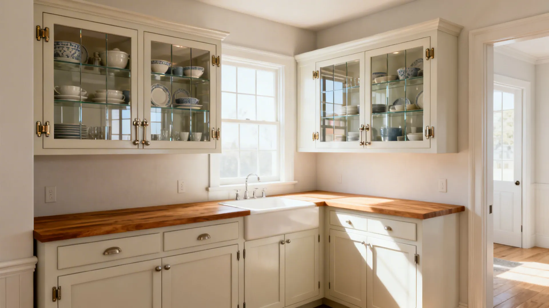 Small kitchen with glass-front upper cabinets showing organized dishware and a bright, airy feel.