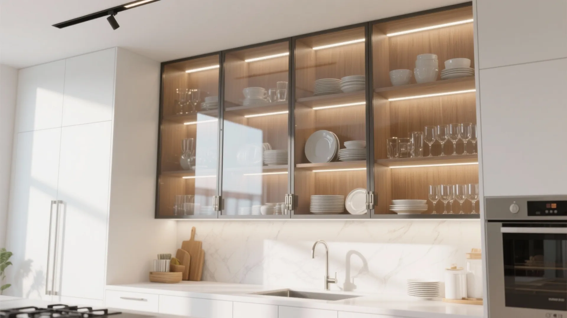 White kitchen featuring glass door wall cabinets with interior lighting showing organized dishes and glasses