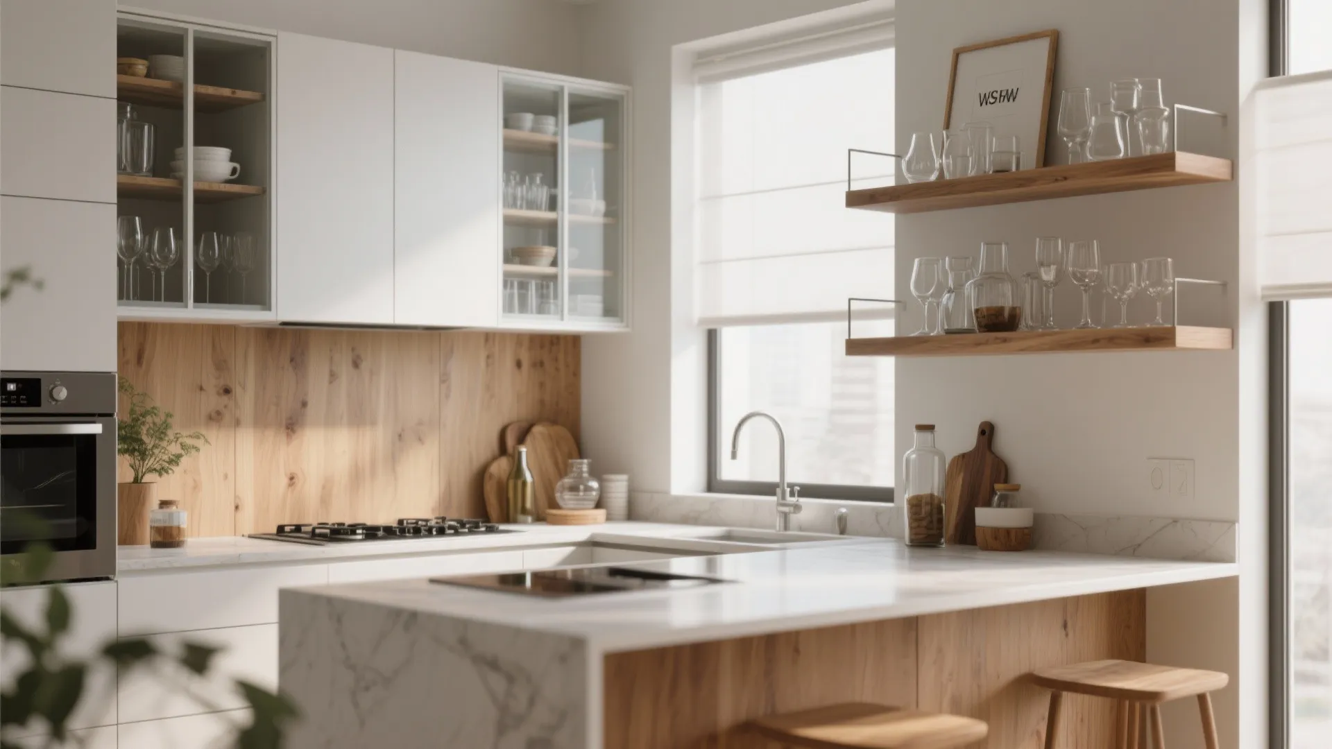 Contemporary kitchen design with white cabinets, wood wall panels, marble island, and glass front cupboards