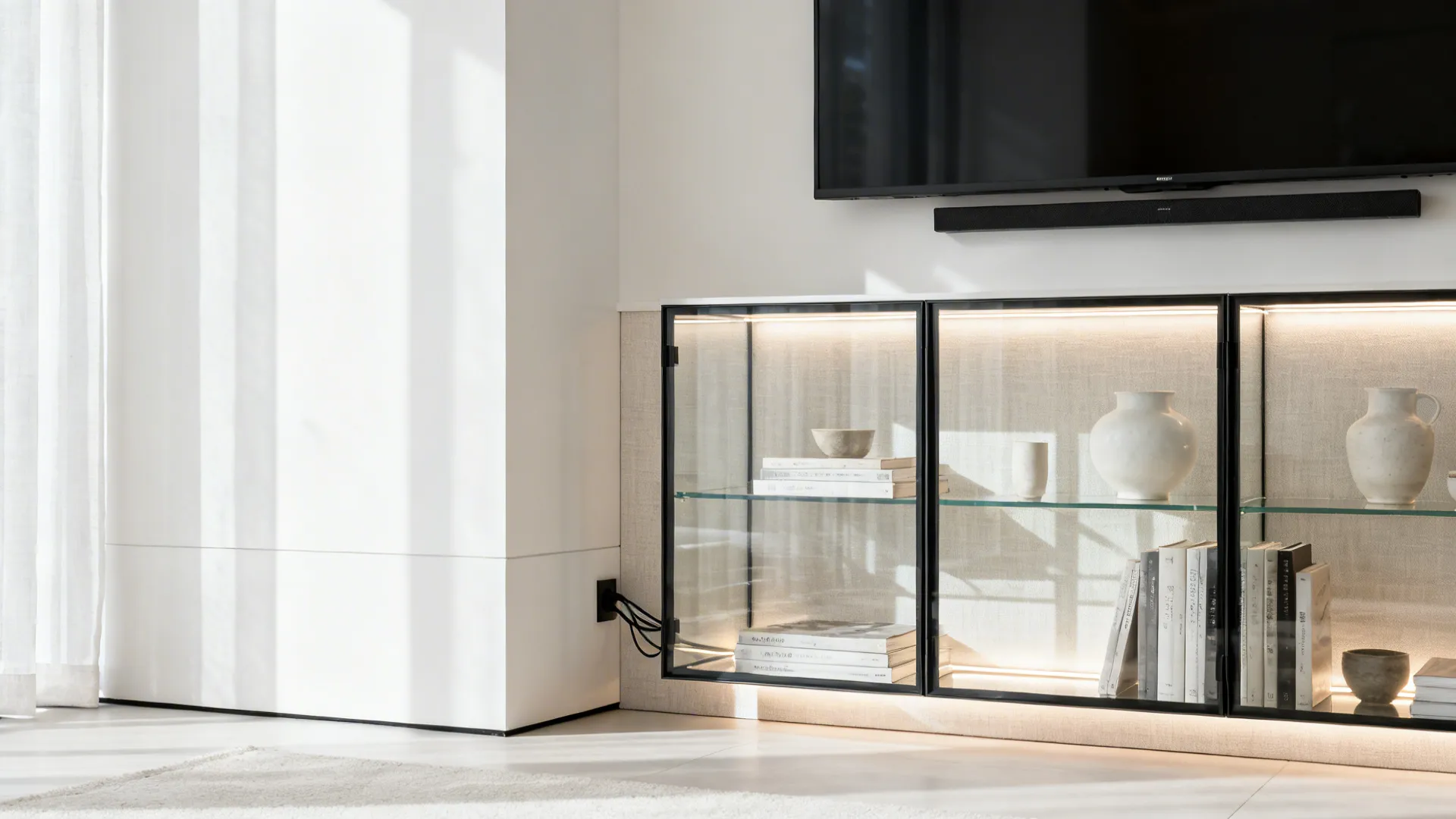 Glass-front corner credenza beneath a wall-mounted TV with airy, light-reflecting storage