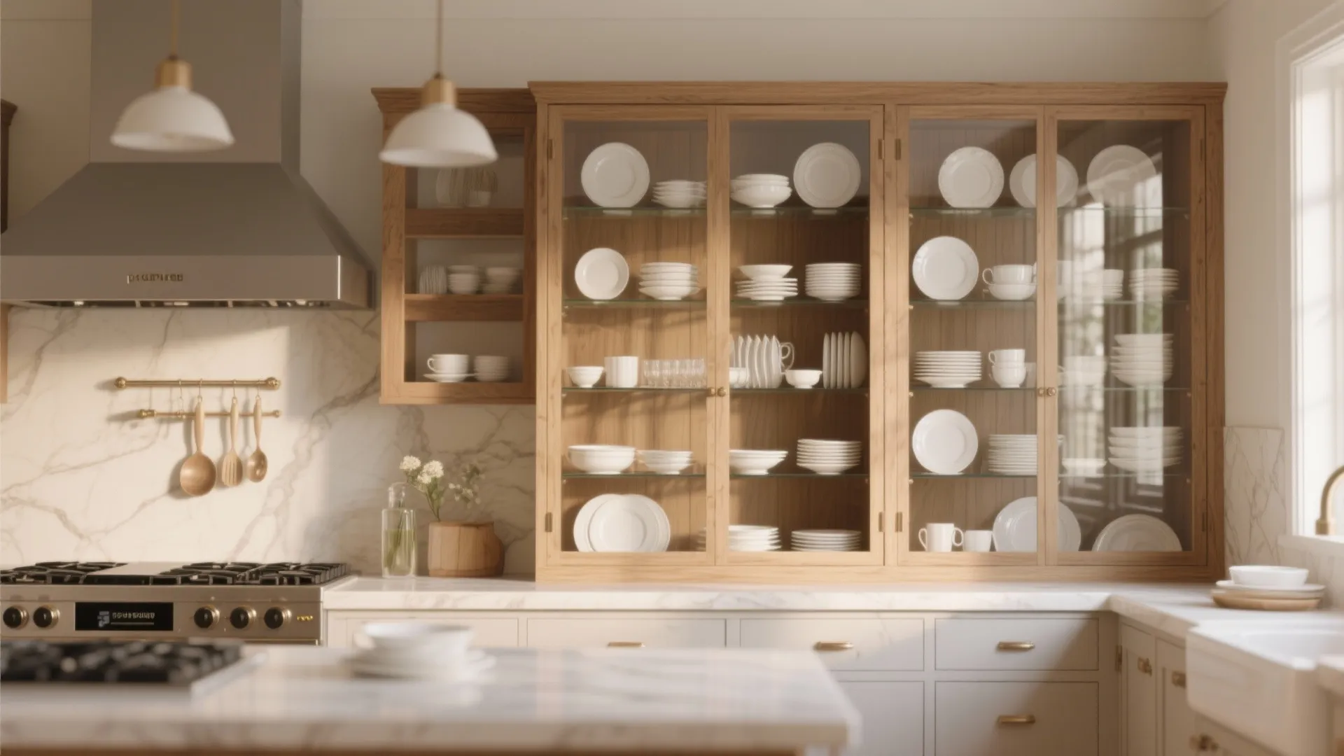 Modern kitchen with wood glass front cabinet filled with white plates and bowls near stove