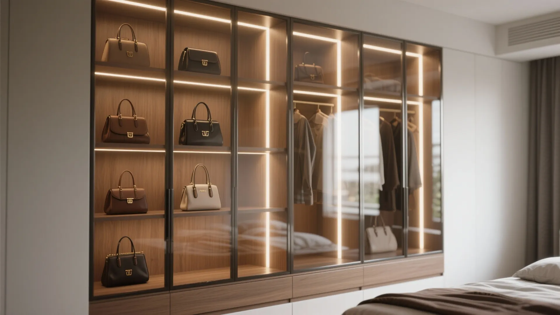 Built in wooden wardrobe with glass doors, lighted shelves showing handbags, and hanging clothes inside