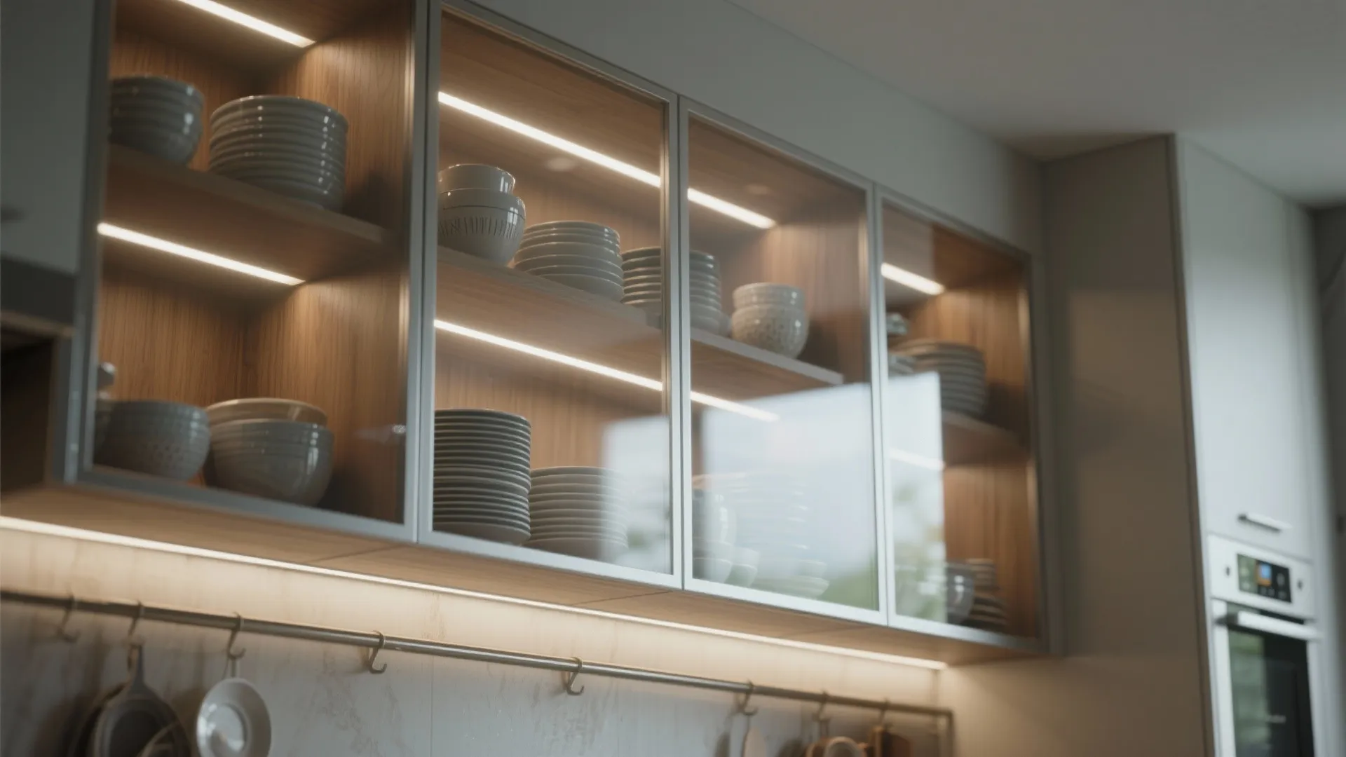 Close up of glass kitchen cabinets with built in lighting showing white plates and bowls