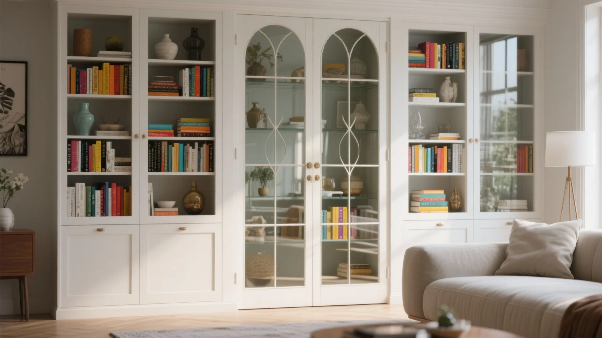 Glass-front cabinet showcasing books in modern living room