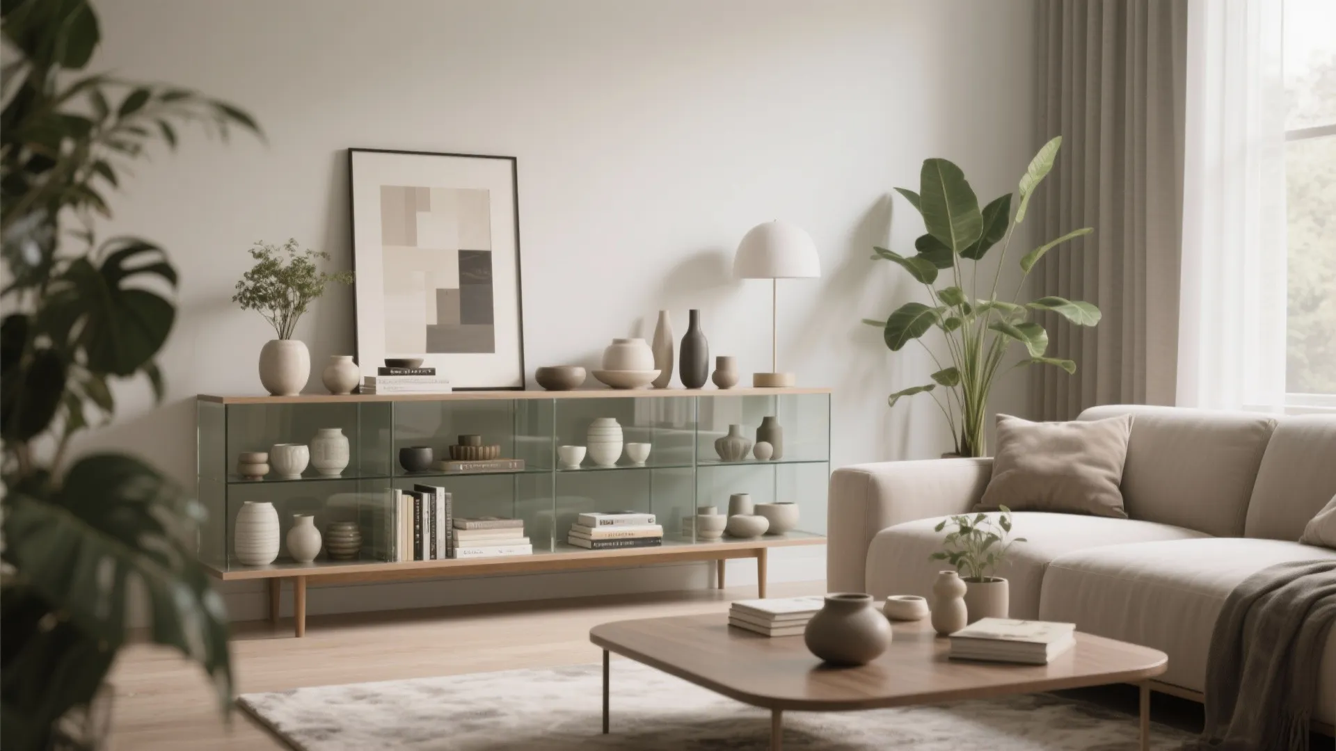 Glass-front dresser displaying books and ceramics in a modern living room