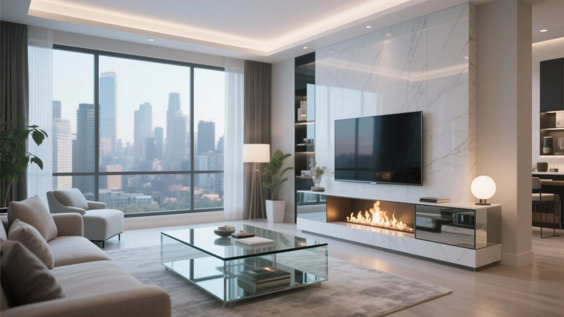 Modern condo with glass-front fireplace TV stand