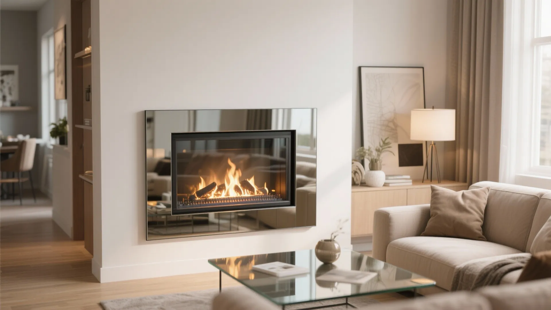 Small living room with a glass-front electric fireplace reflecting light and space