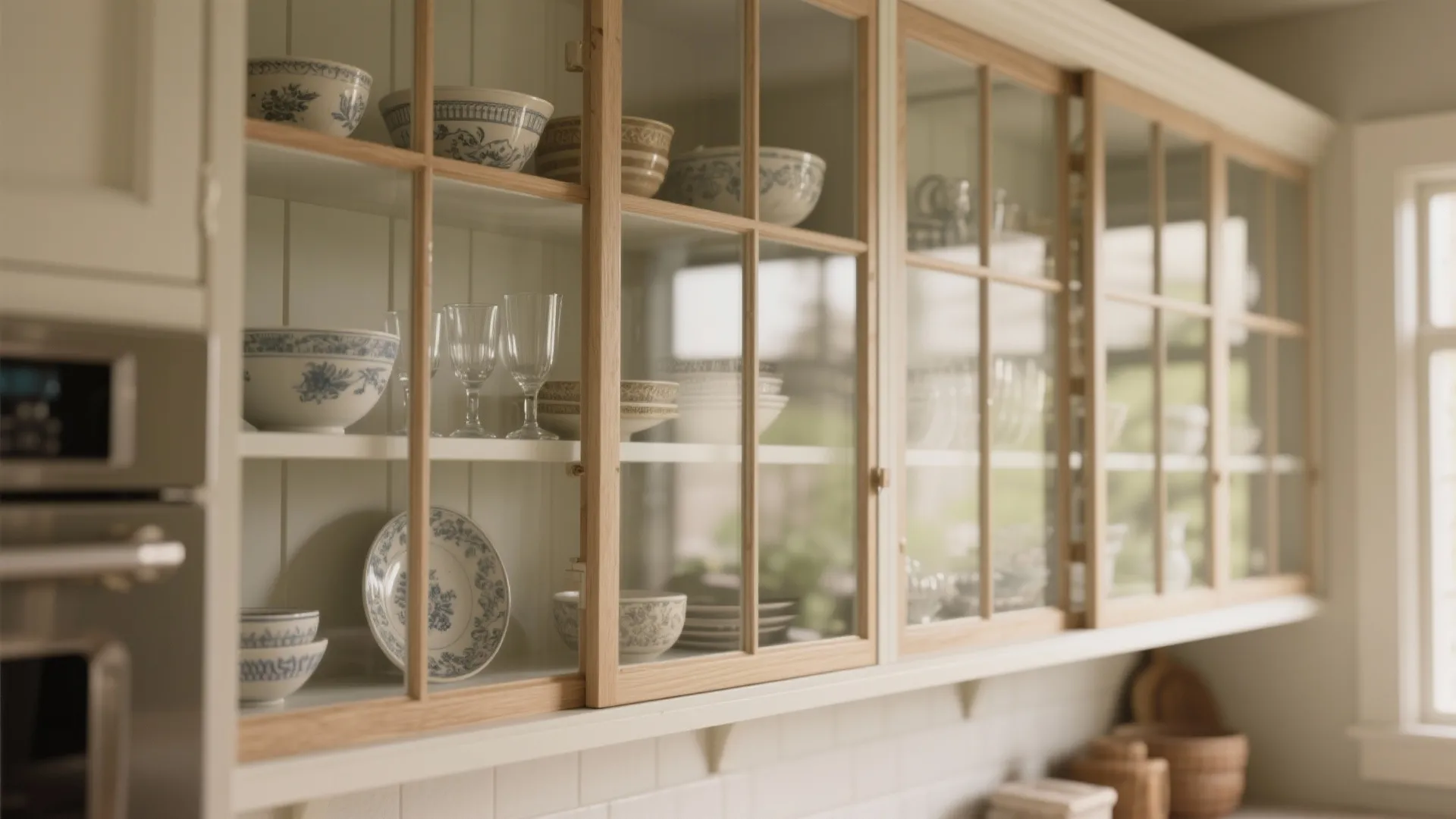 Glass-front framed kitchen shelving displaying bowls and glassware behind clear panes.