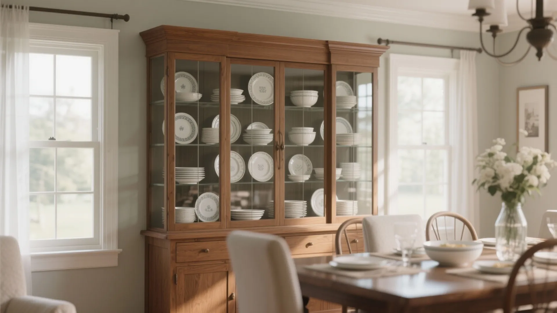Glass-front hutch displaying neatly arranged dinnerware in a dining room