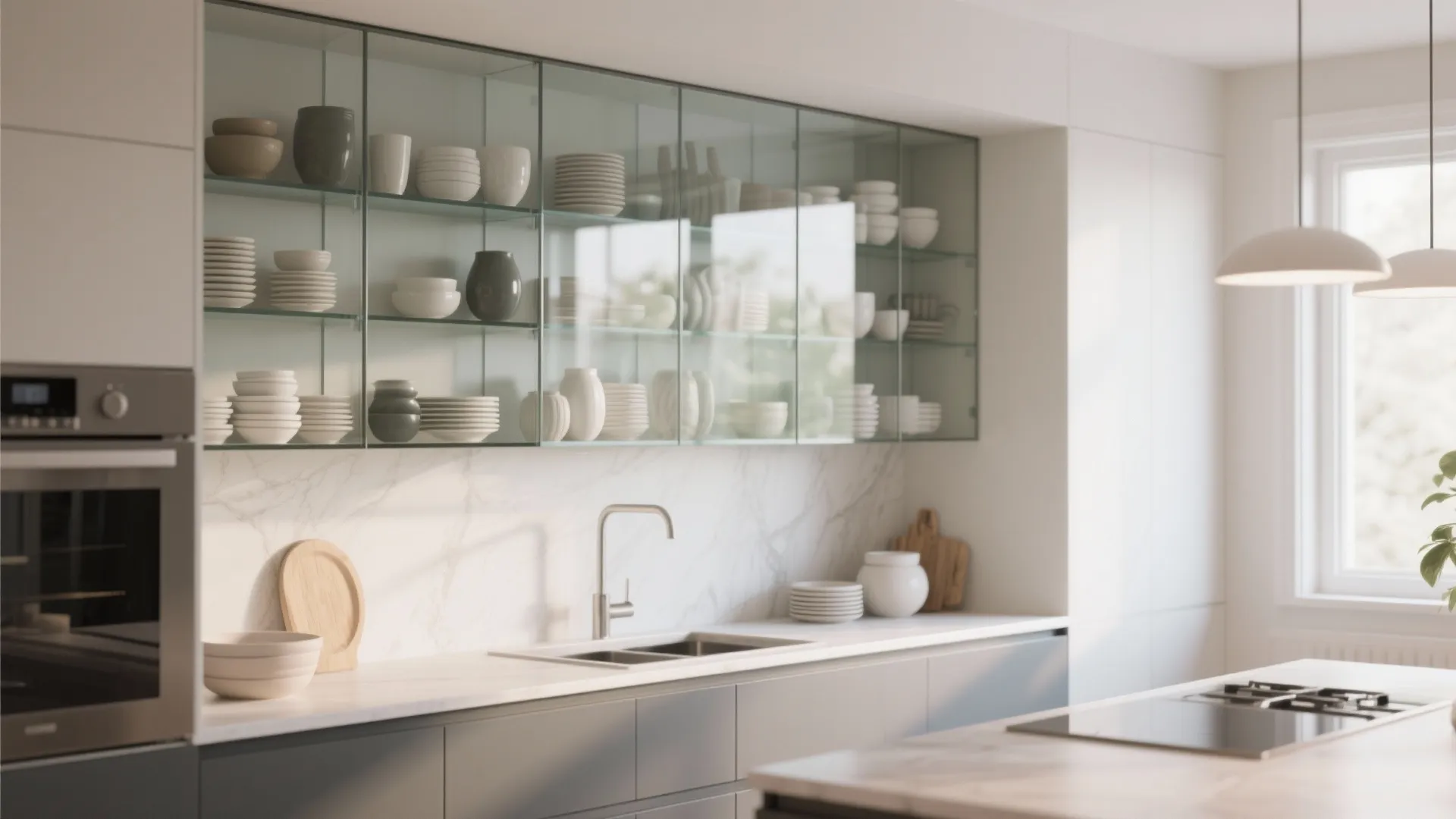 Modern kitchen with grey cabinets and glass front wall cabinets filled with white plates sink