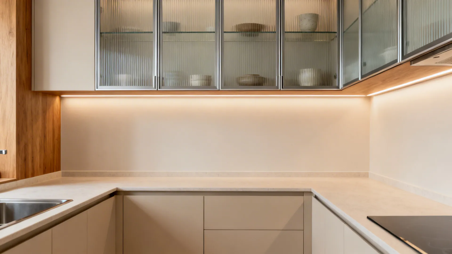 Small kitchen with reeded glass-front loft cabinets glowing with warm internal lighting.