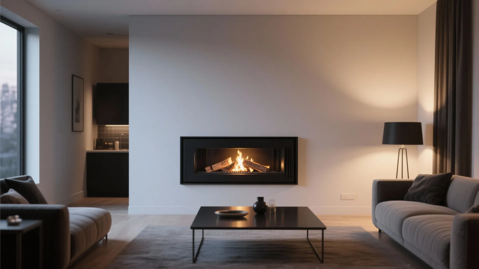 Modern living room with sleek glass-front log burner