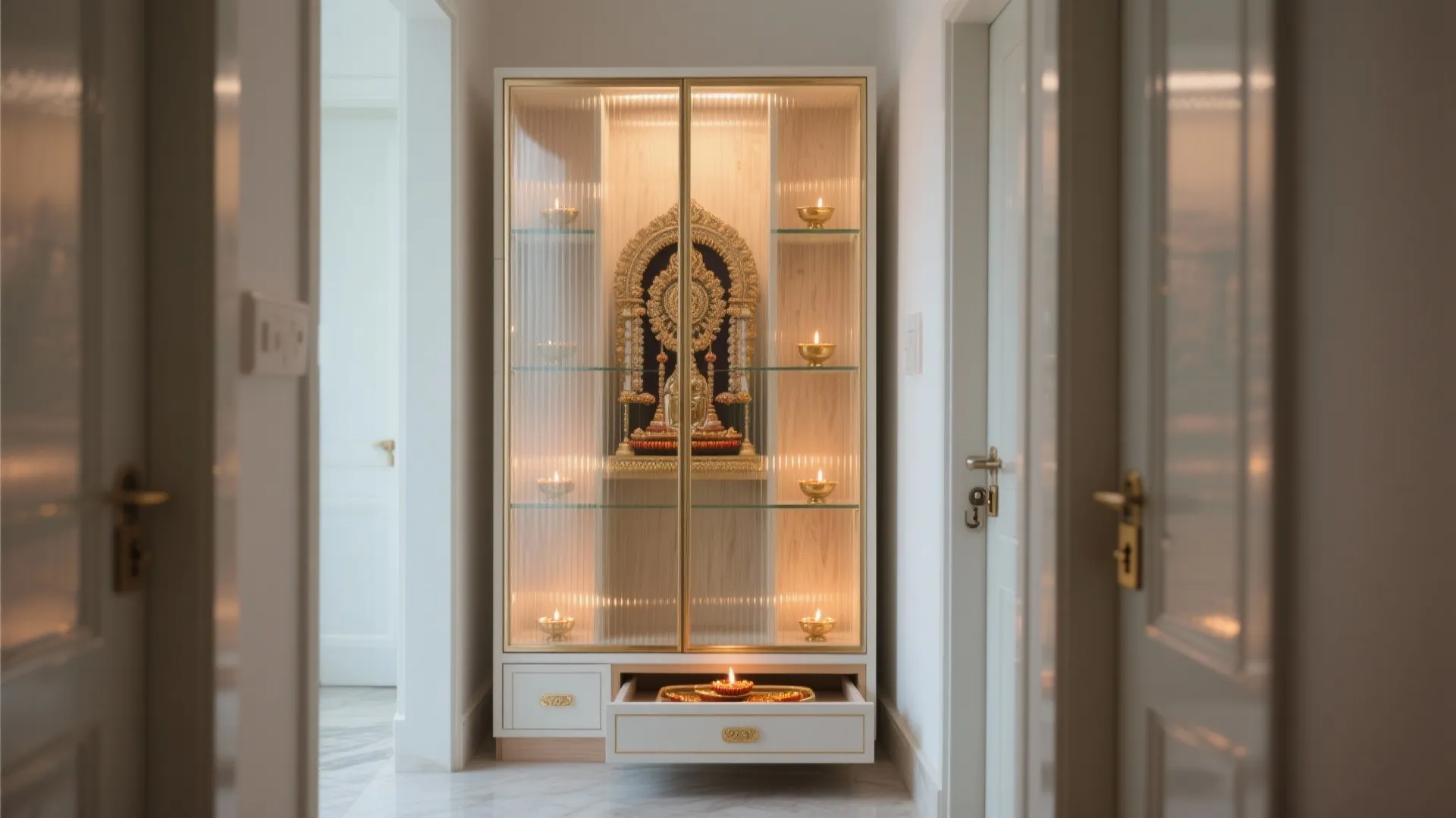 Glass-Front Mandir with Hidden Storage Base