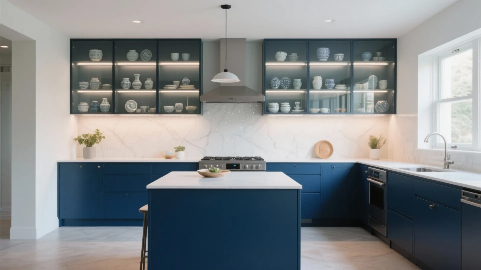 Symmetric blue kitchen featuring glass front cabinets, lit interior shelves, marble backsplash and white island