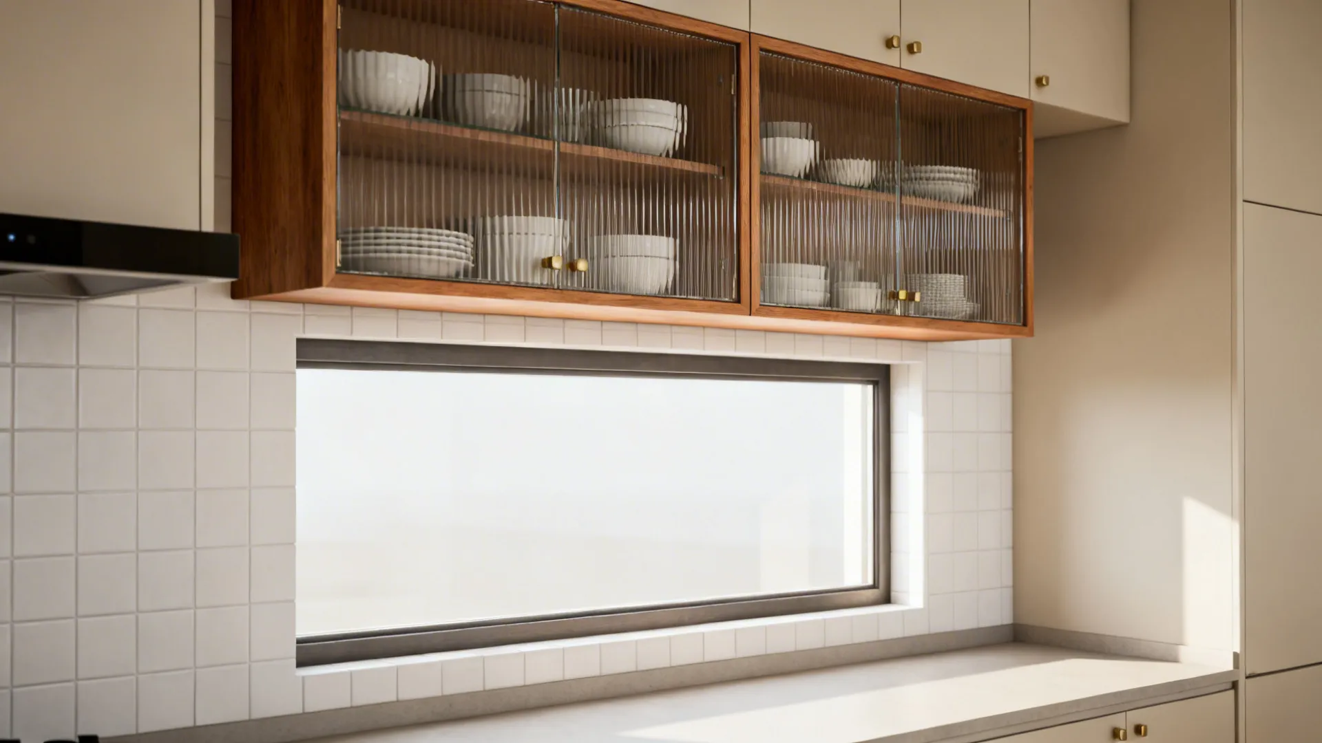 Wood-framed glass-front racks with reeded glass above a bright backsplash window.
