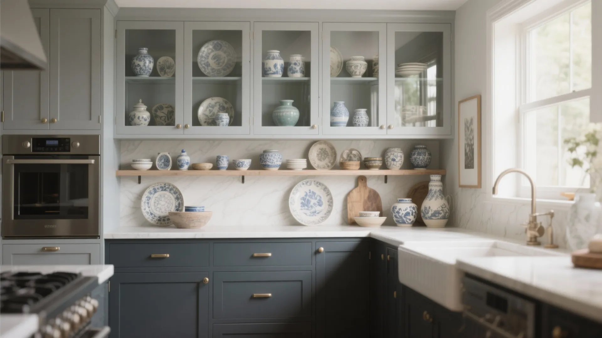 4. Two-Tone with Glass Fronts and Open Shelving