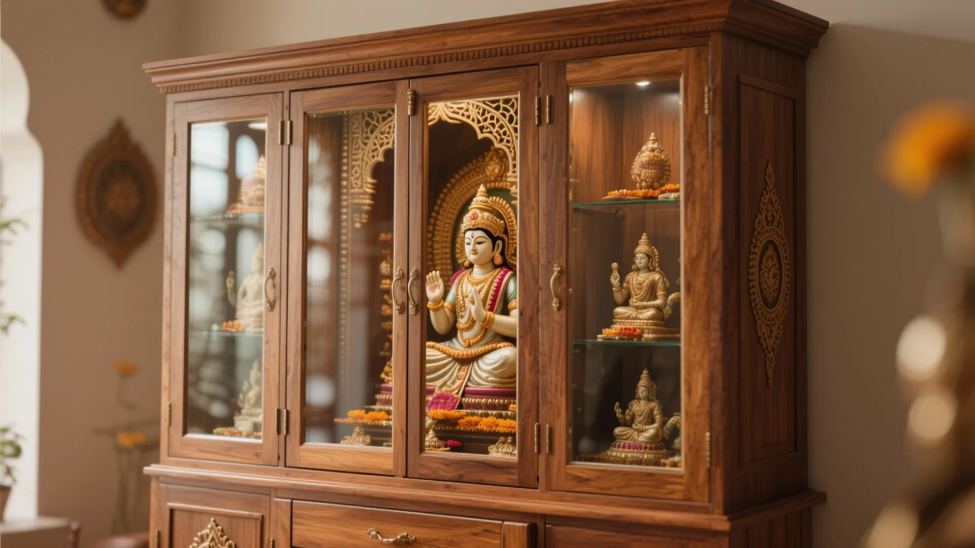 Large wooden cabinet with glass doors showing several small religious statues, inside lights, and storage drawers