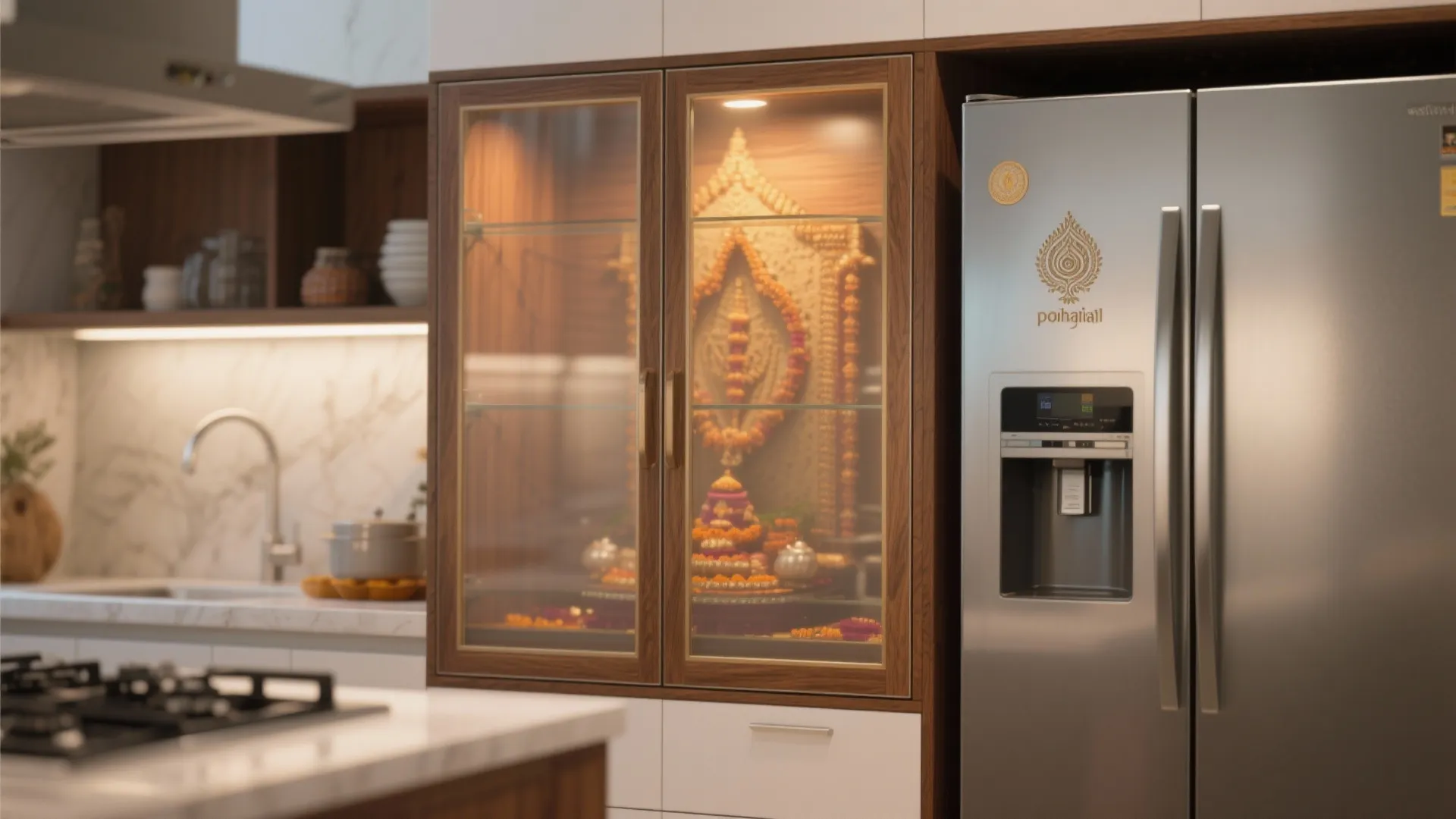 Modern kitchen featuring a wooden cabinet with glass doors next to a large silver refrigerator