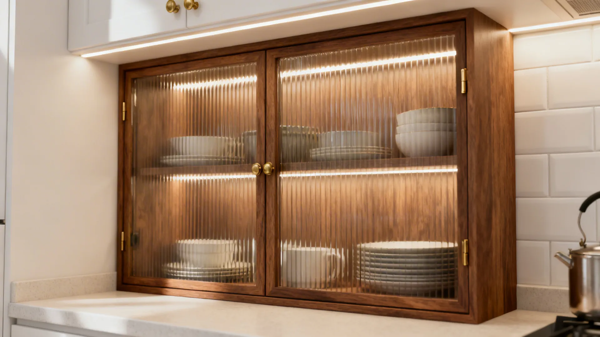 Shallow walnut racks with reeded glass fronts and warm LED lighting.