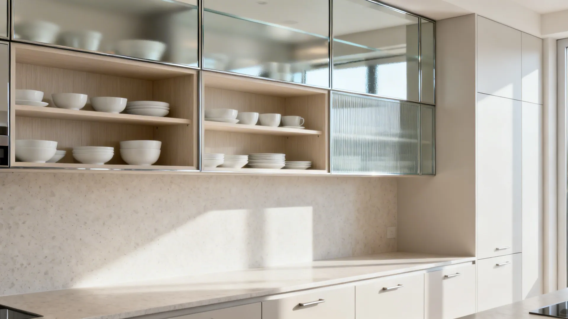 Glass-front upper cabinets with satin mirror backs reflecting light in a narrow kitchen.