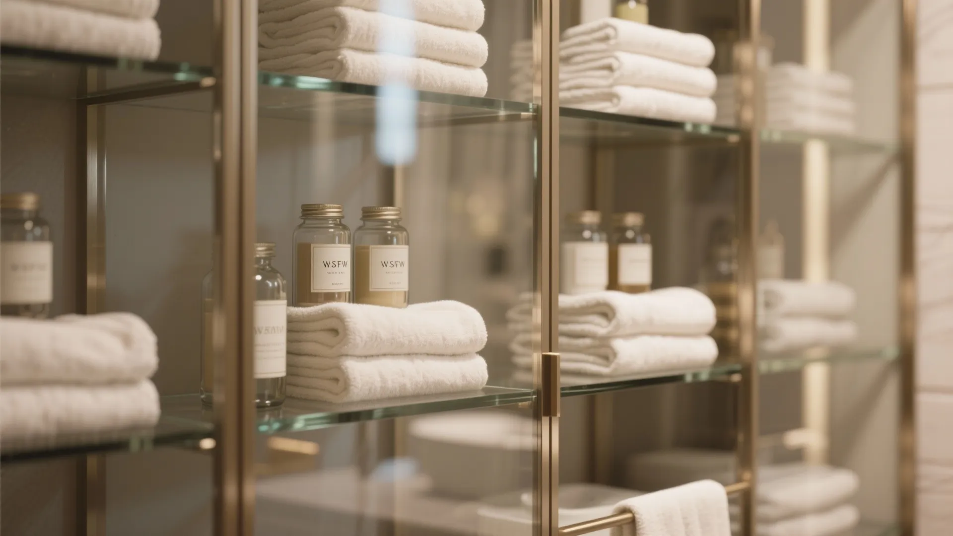 Glass bathroom cabinet shelves displaying neatly folded white towels and small glass bottles with gold lids