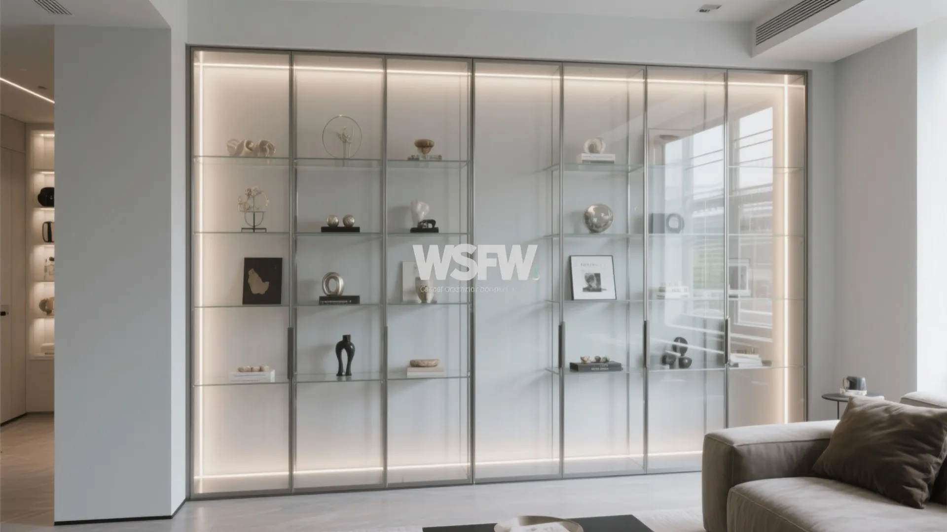 Modern floor to ceiling glass cabinet with inner light display shelves in a white living room