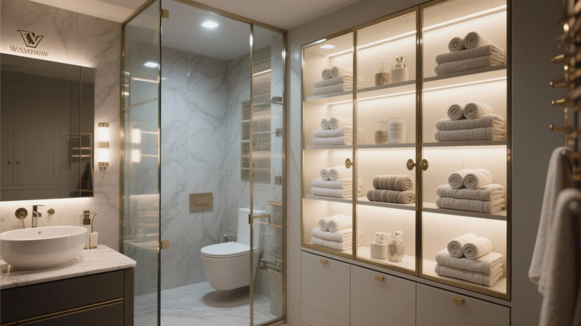 Luxury bathroom featuring glass front cabinet with towels next to a walk in glass shower