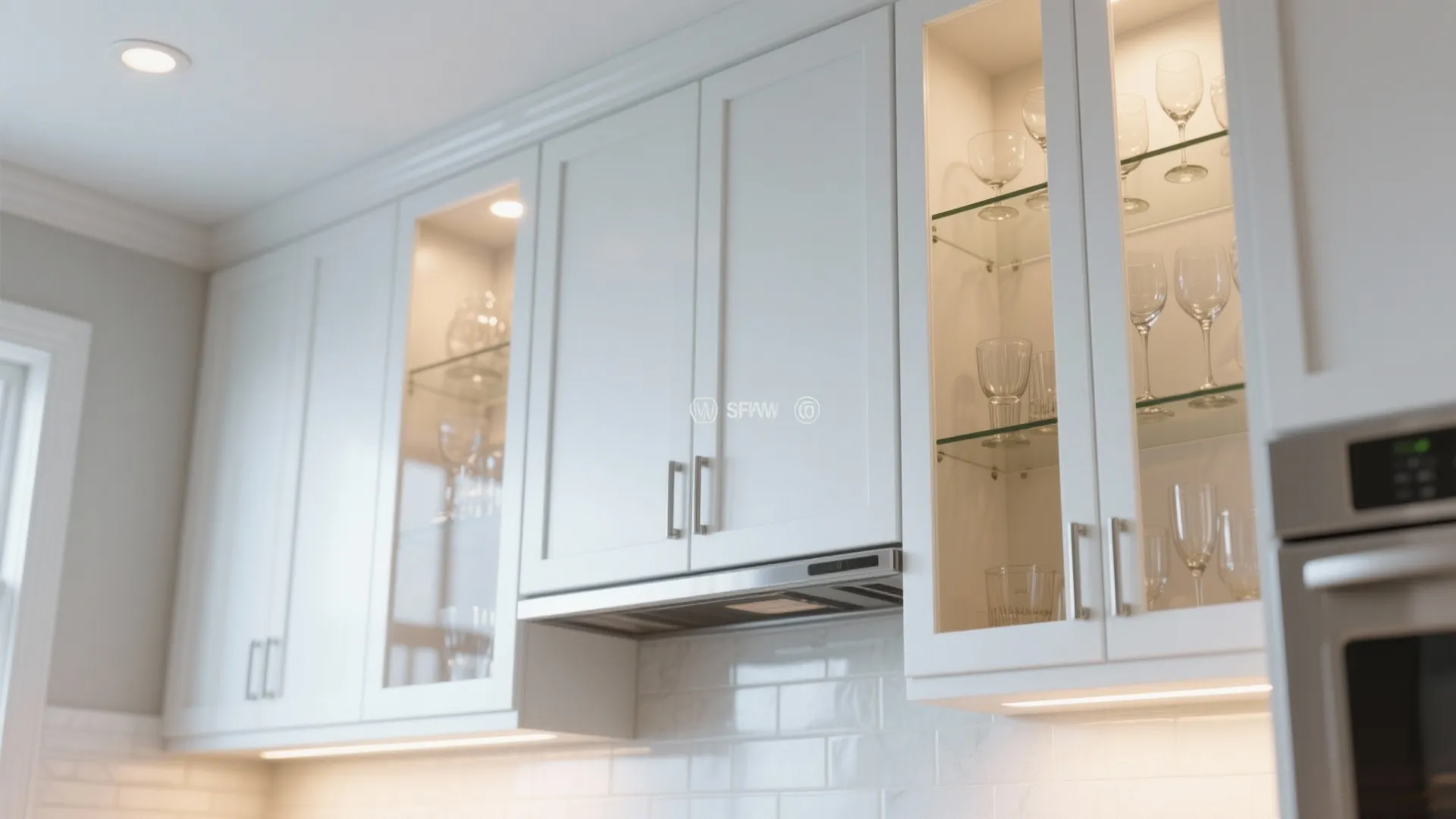 Modern white kitchen cabinets with glass doors showing wine glasses and warm light fixture inside