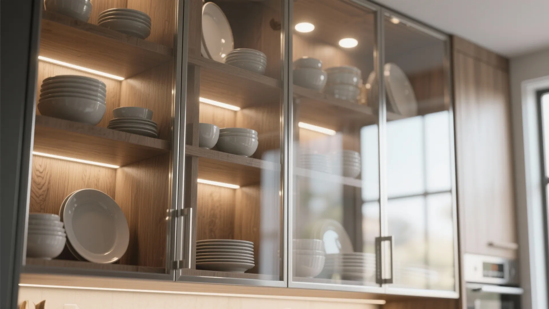 Glass-front upper cabinet with styled dishware and interior LED lighting