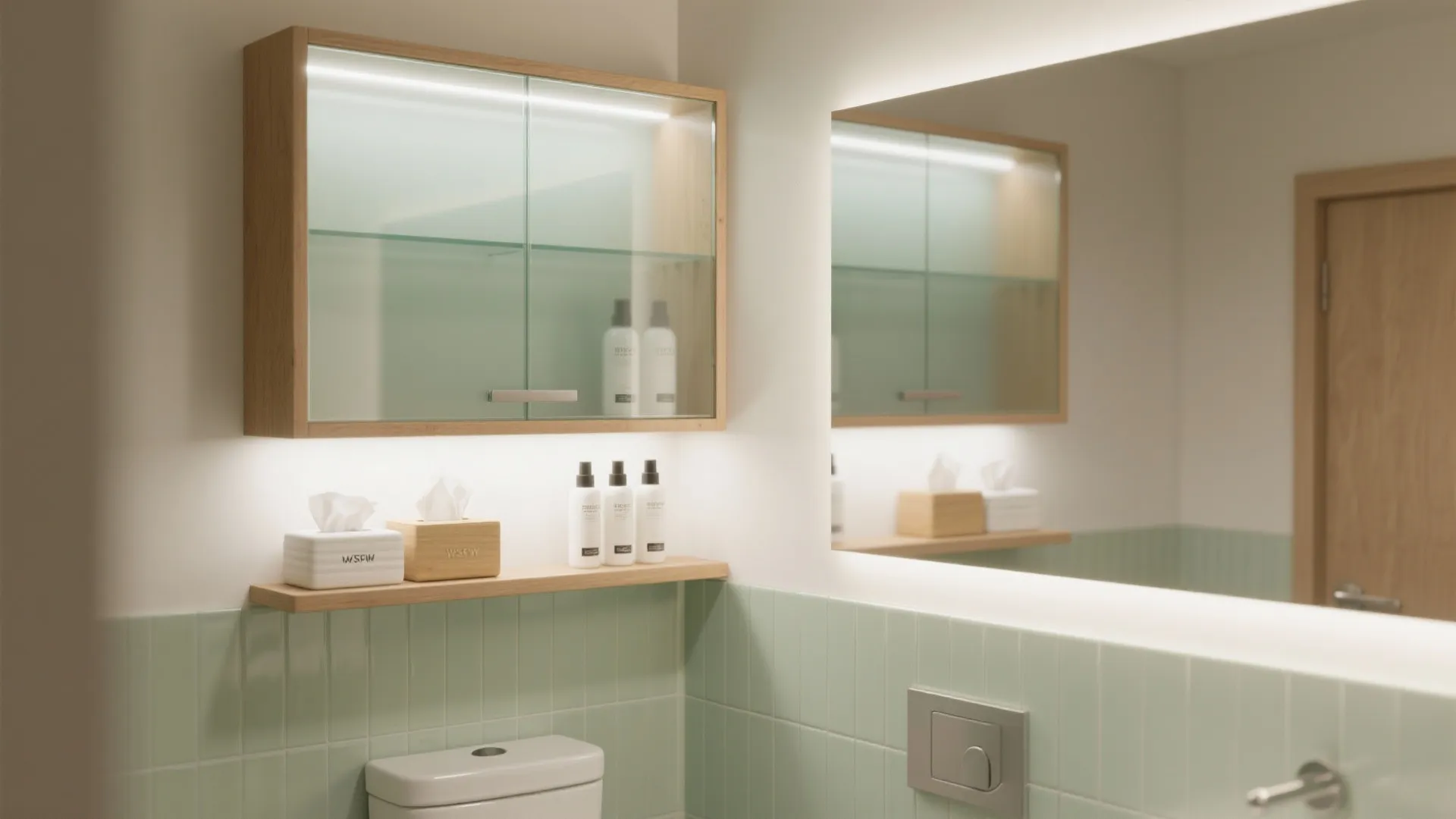 Modern bathroom with wood wall cabinet glass doors shelf tissue boxes bottles and green tiles