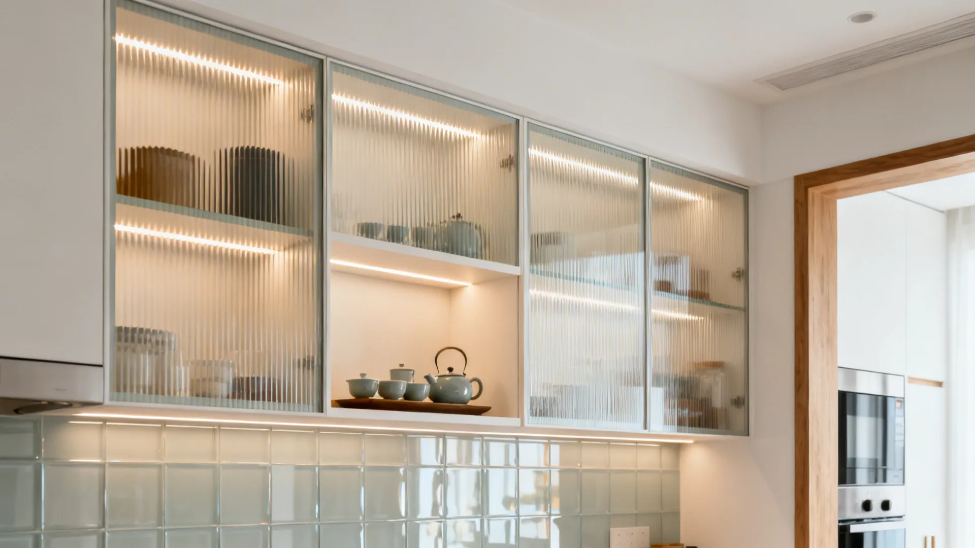 Small kitchen with reeded glass-front cabinets glowing with warm LED lighting.