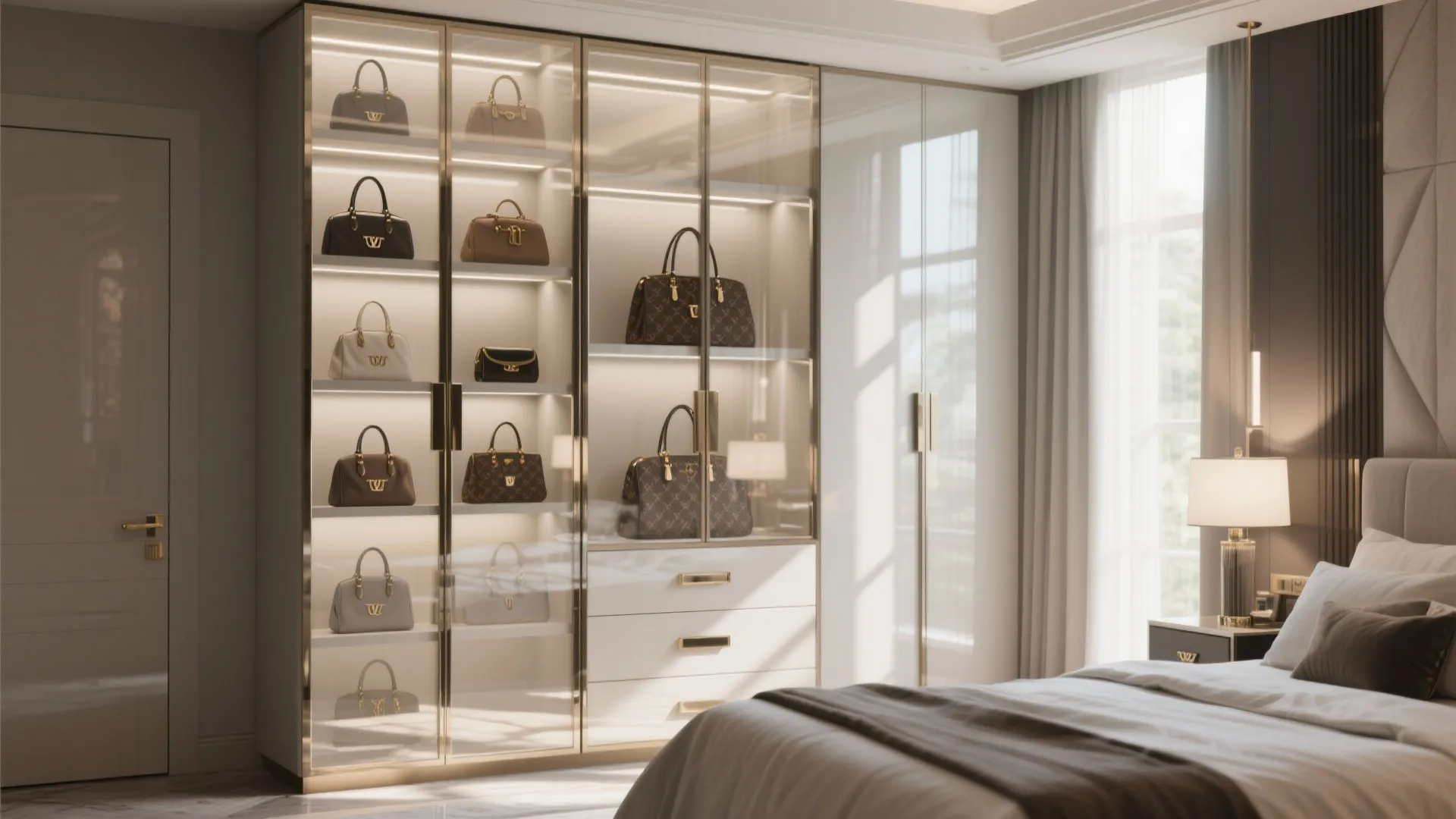 Luxury bedroom with a large glass cabinet displaying designer handbags beside a white cozy bed