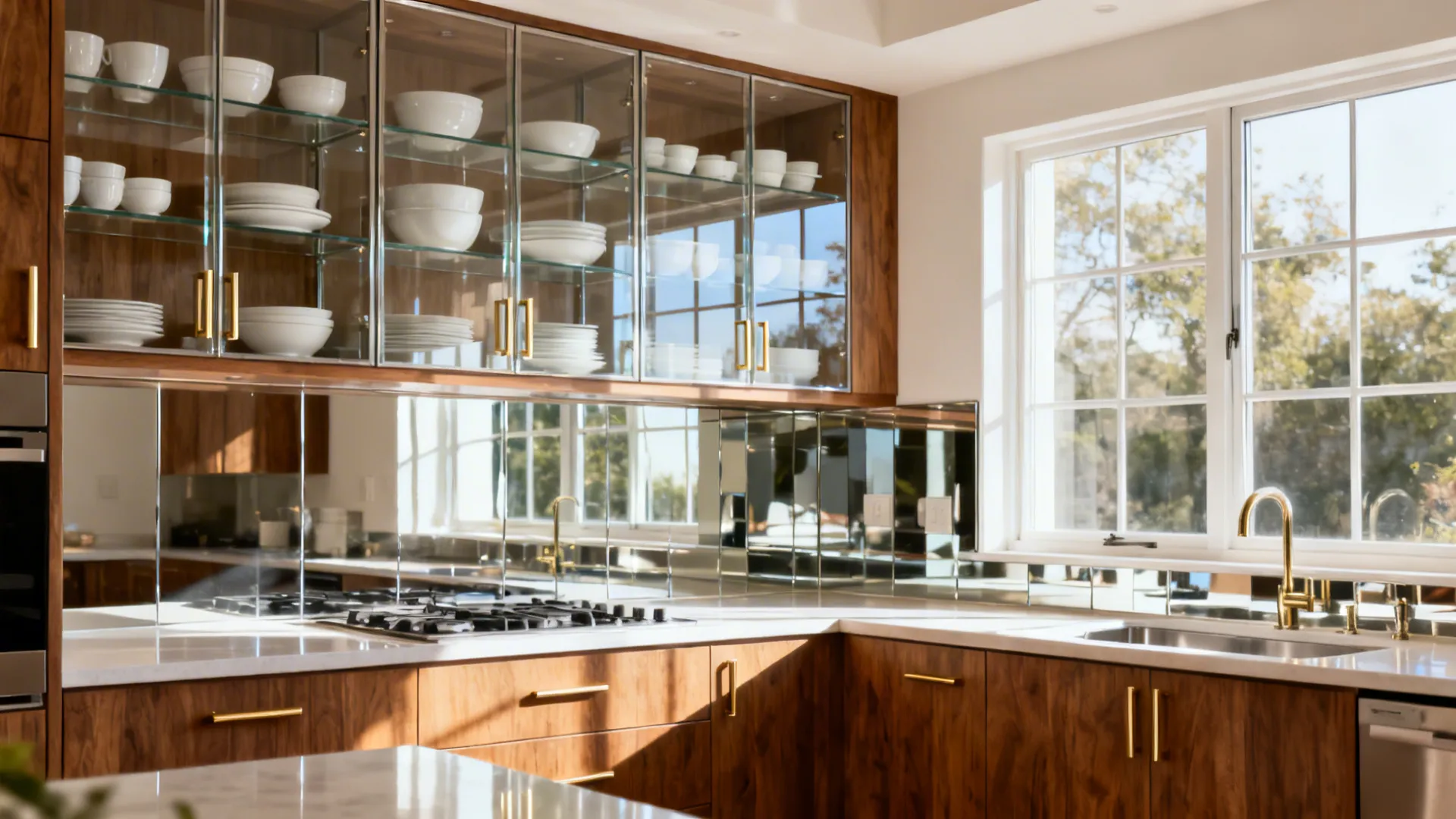 Grouped glass-front uppers with a glossy reflective backsplash brightening a small kitchen.