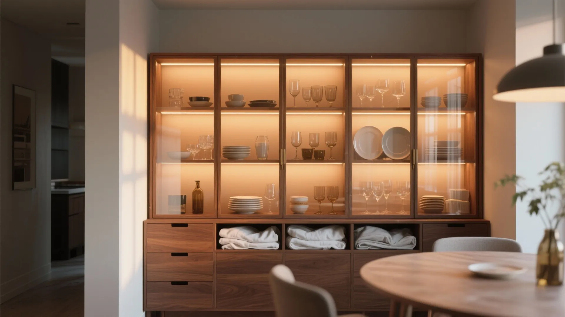 Glass-fronted cabinet with warm integrated LED lighting showcasing glassware in a small dining area.