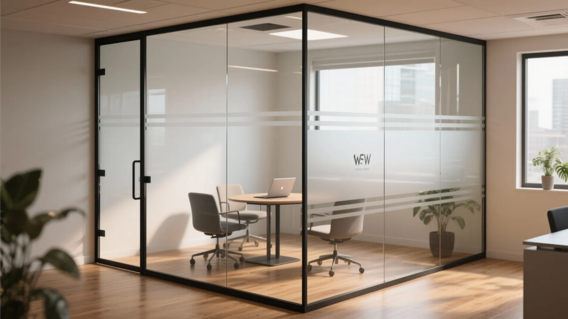 1. Frameless glass partitions with frosted bands