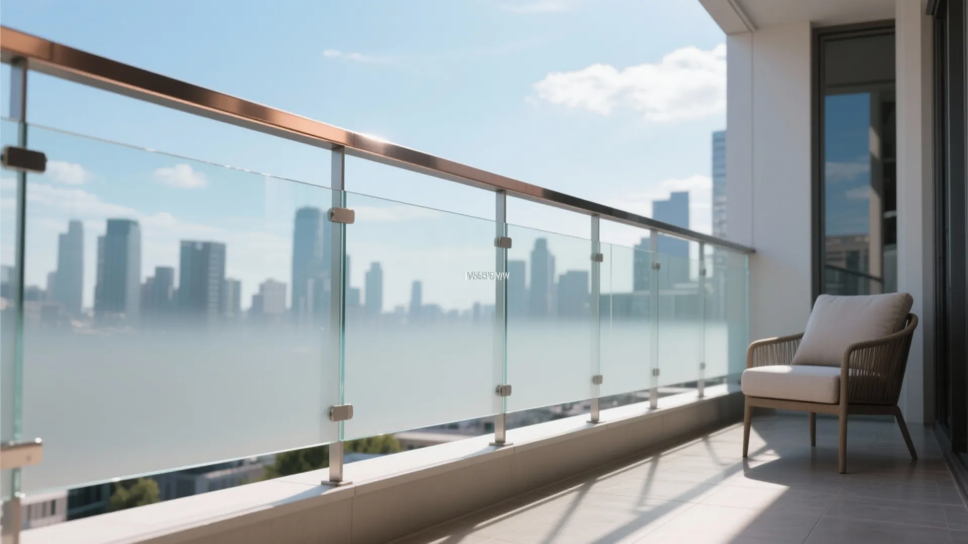 Laminated glass balcony guard with a frosted mid-band and slim top rail for clean privacy.