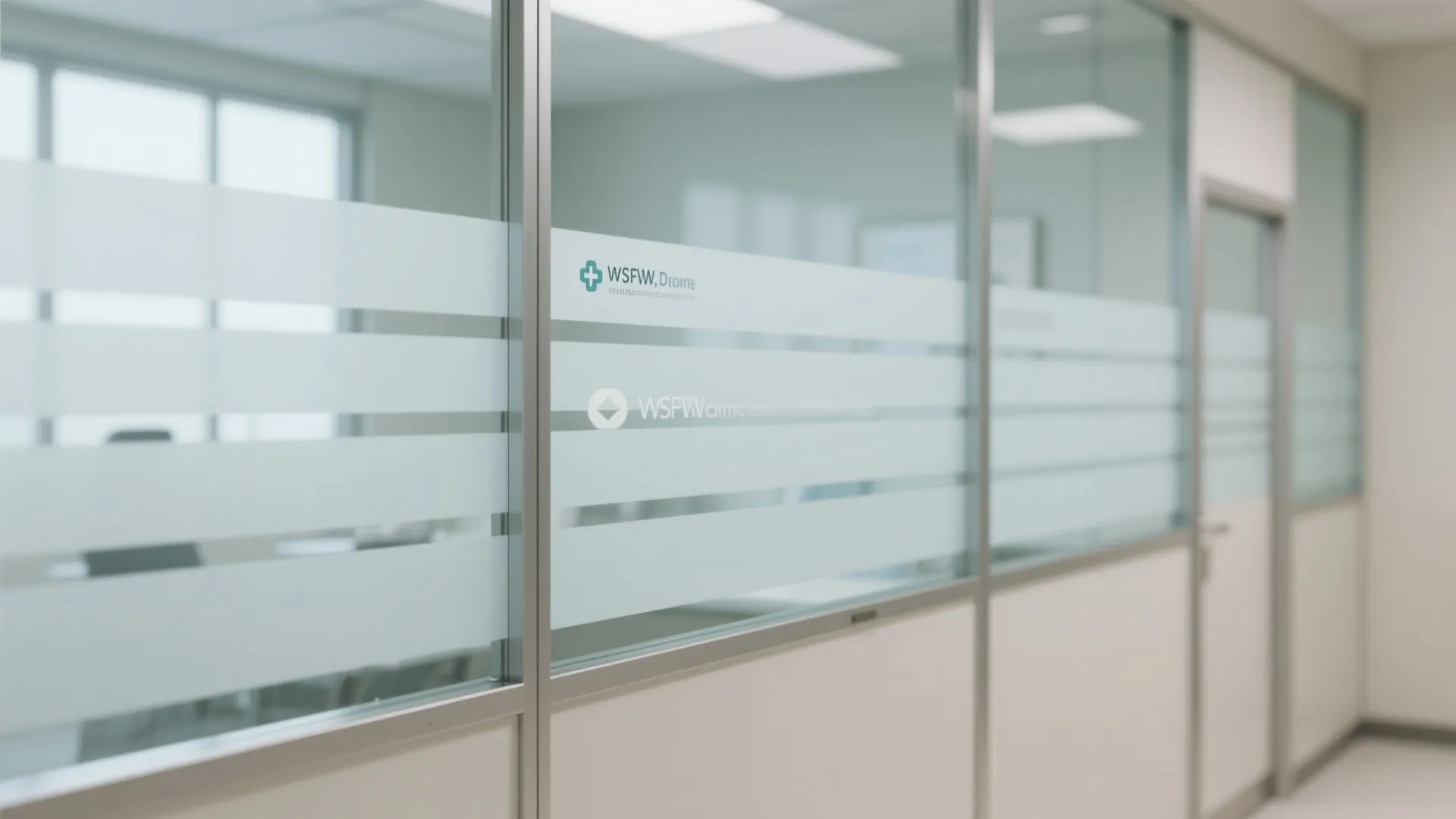 Office interior featuring glass wall partitions with frosted privacy stripes and a white door frame