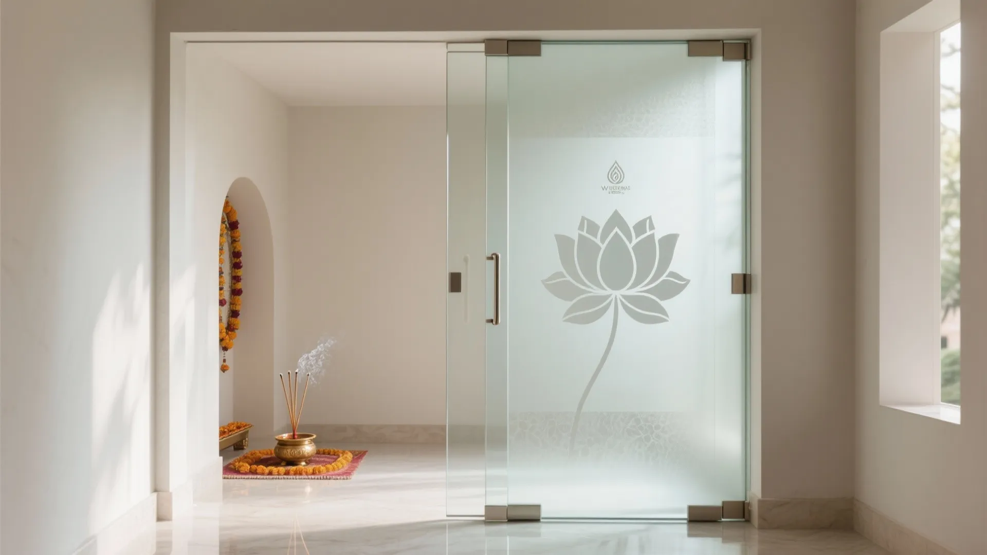 Prayer room with frosted glass door featuring lotus design incense sticks and bright natural lighting
