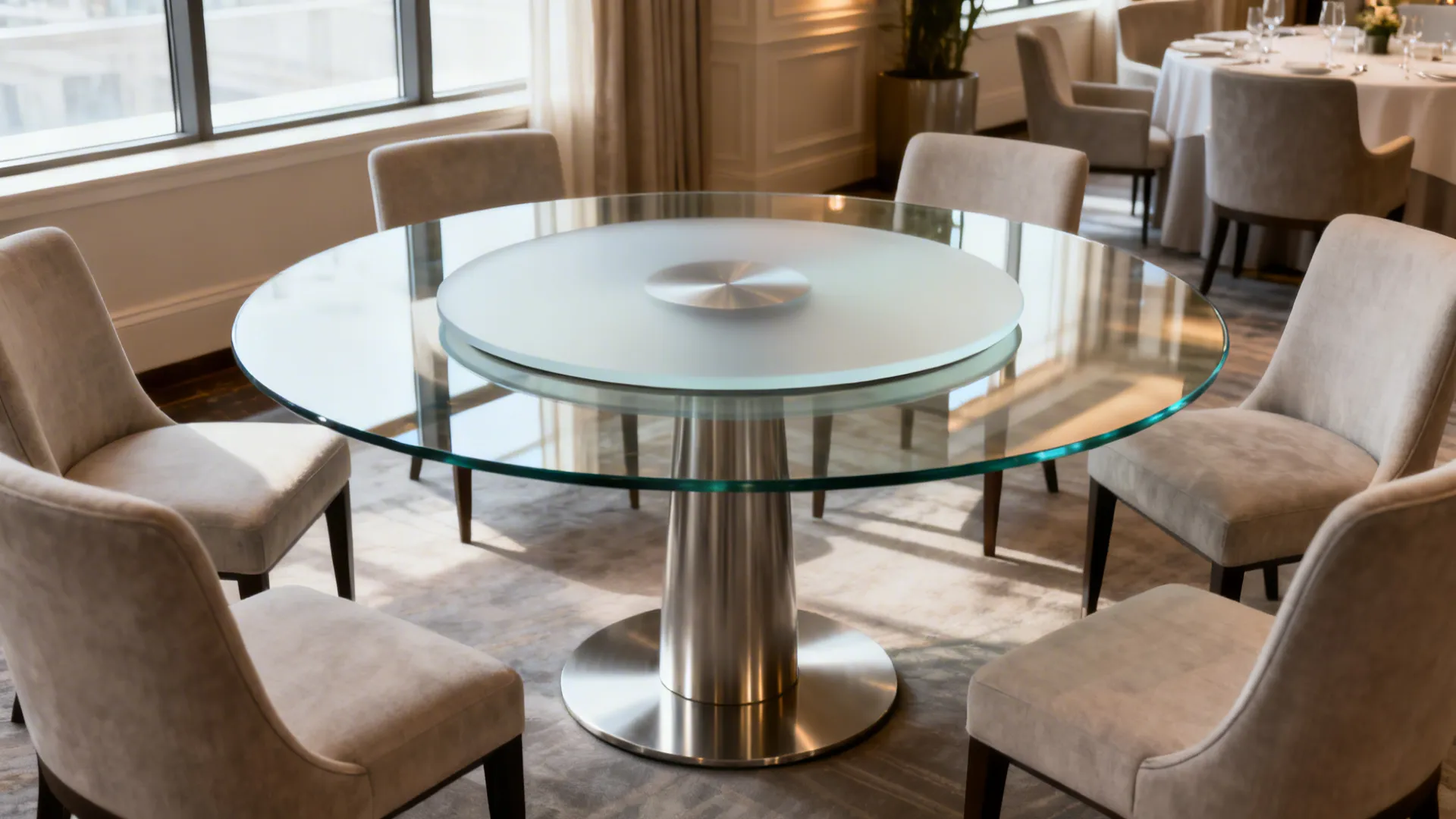 Round glass dining table with frosted glass rotating center metal base and grey upholstered chairs