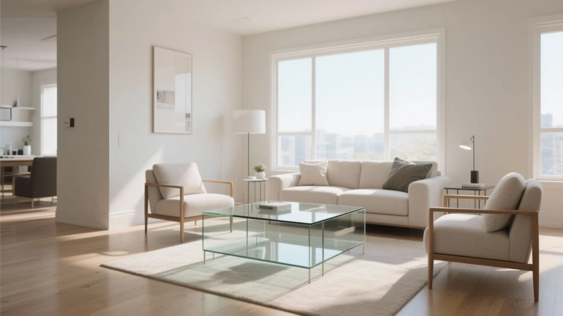 Glass coffee table and open-frame chairs in bright living room