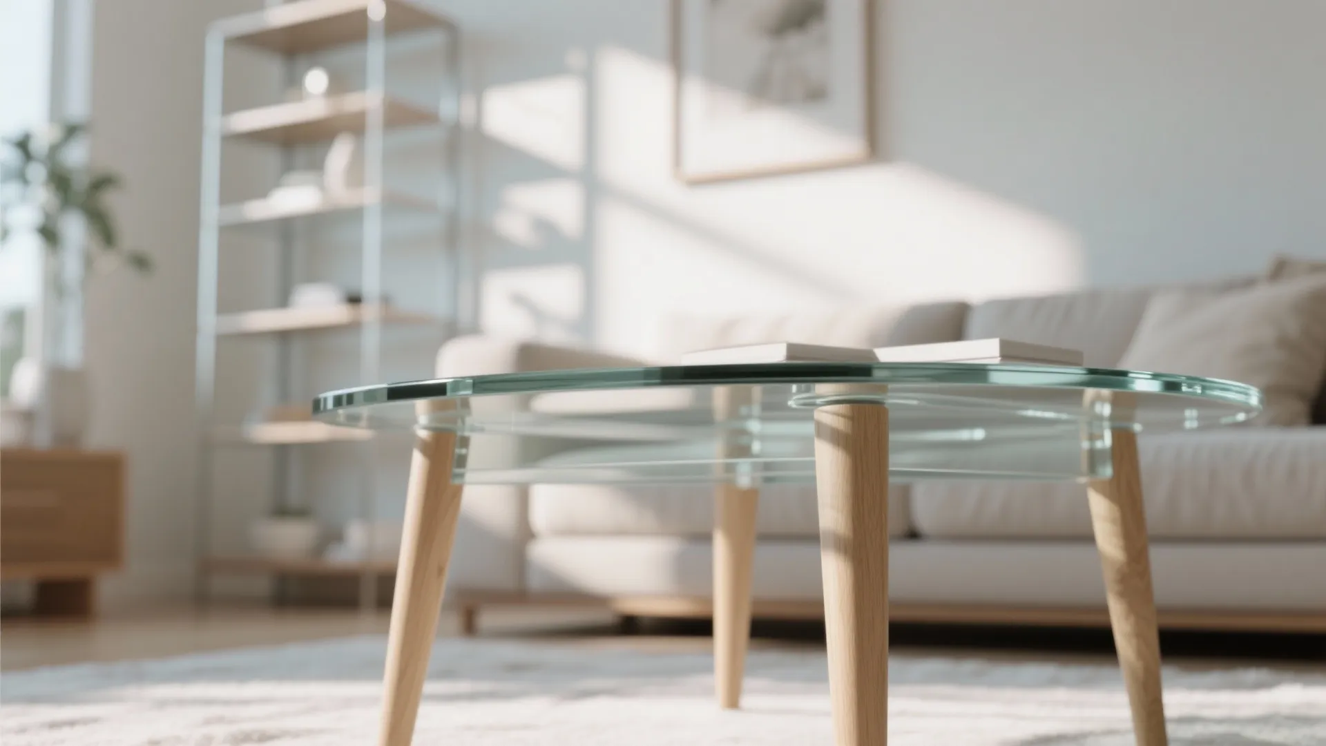 Close up of round glass coffee table with wooden legs in bright living room with sunlight