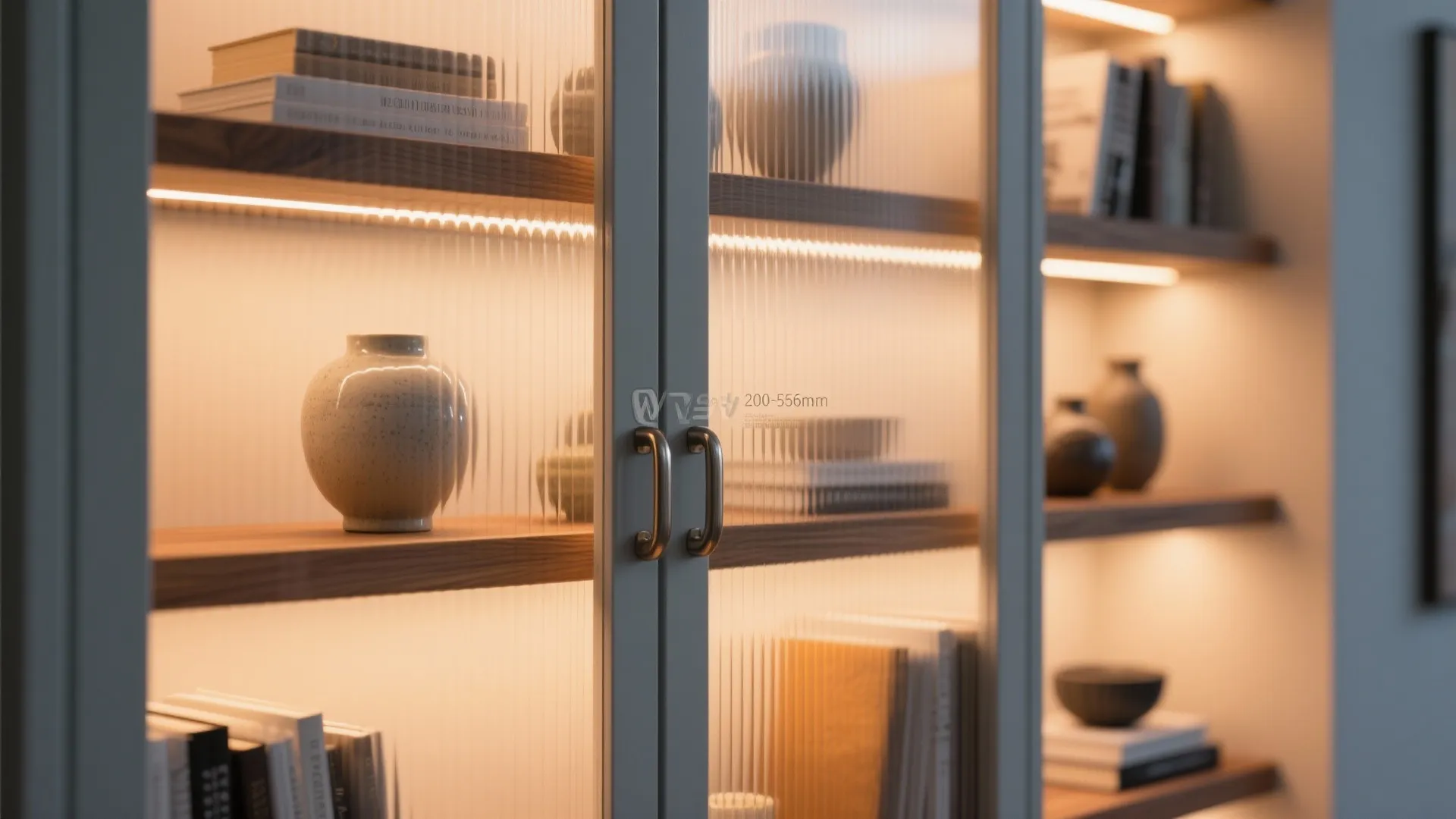 4) Shallow glass-front gallery cupboards