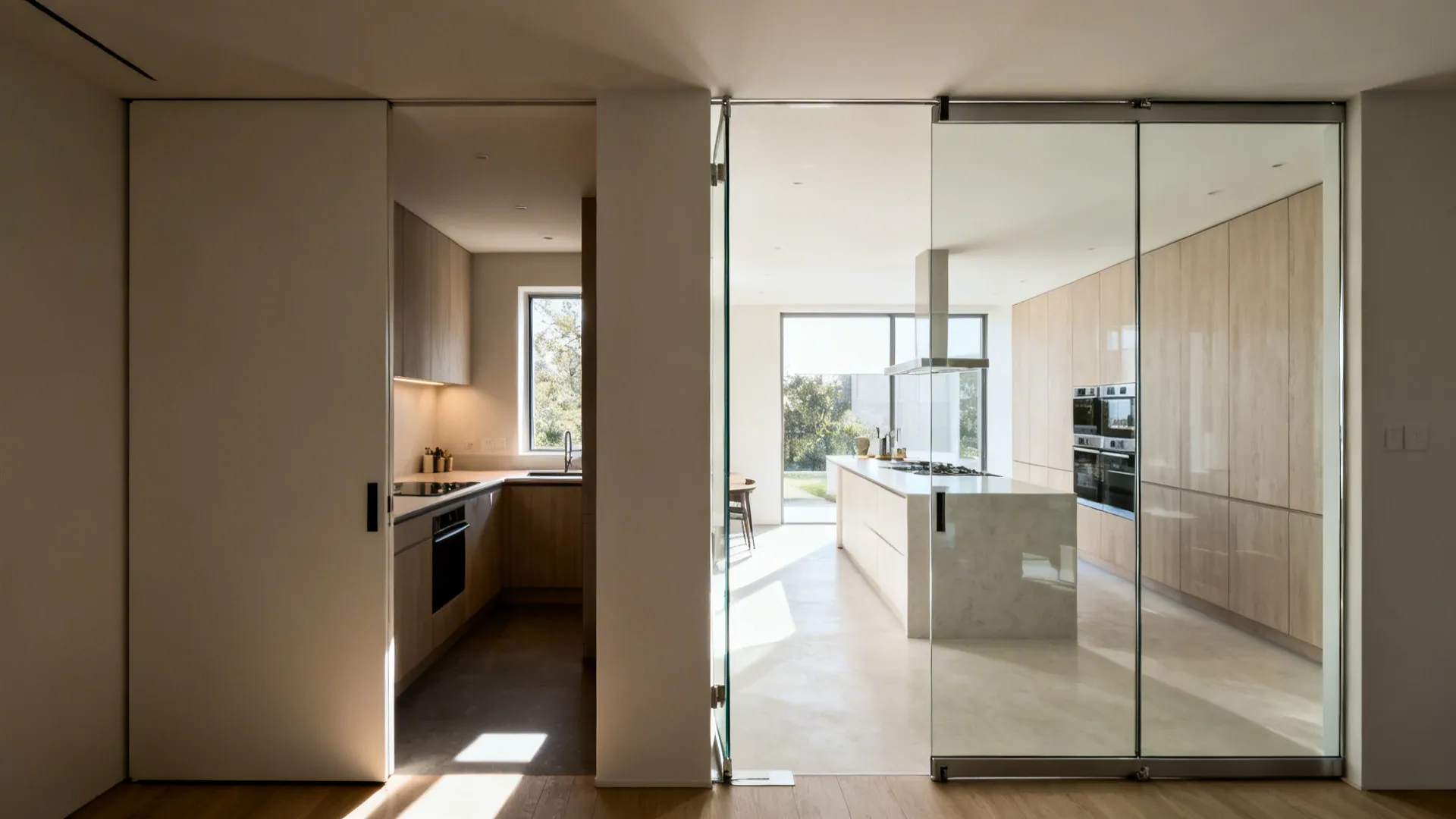 Before-and-after of a small kitchen entry transforming to a frameless glass pivot gate.