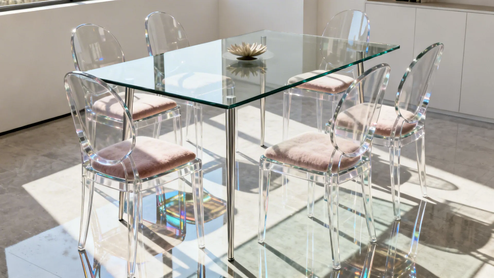 Glass-top table with ghost acrylic chairs and soft cushions to balance airiness and comfort.