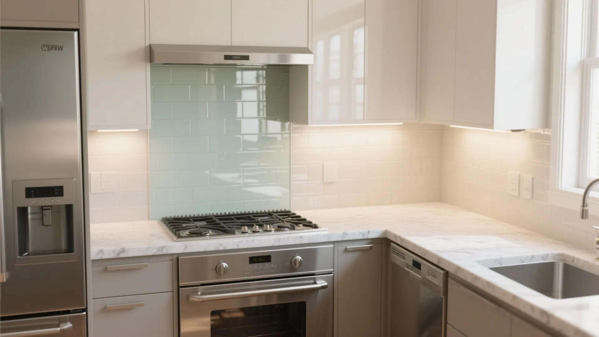Glass Backsplash and Glazed Field Tiles to Amplify Light