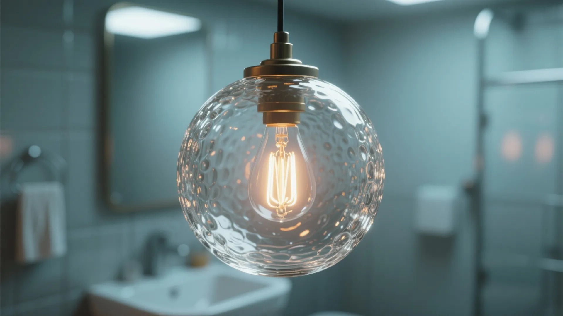 Close up of a round clear glass globe ceiling light fixture in a modern styled bathroom