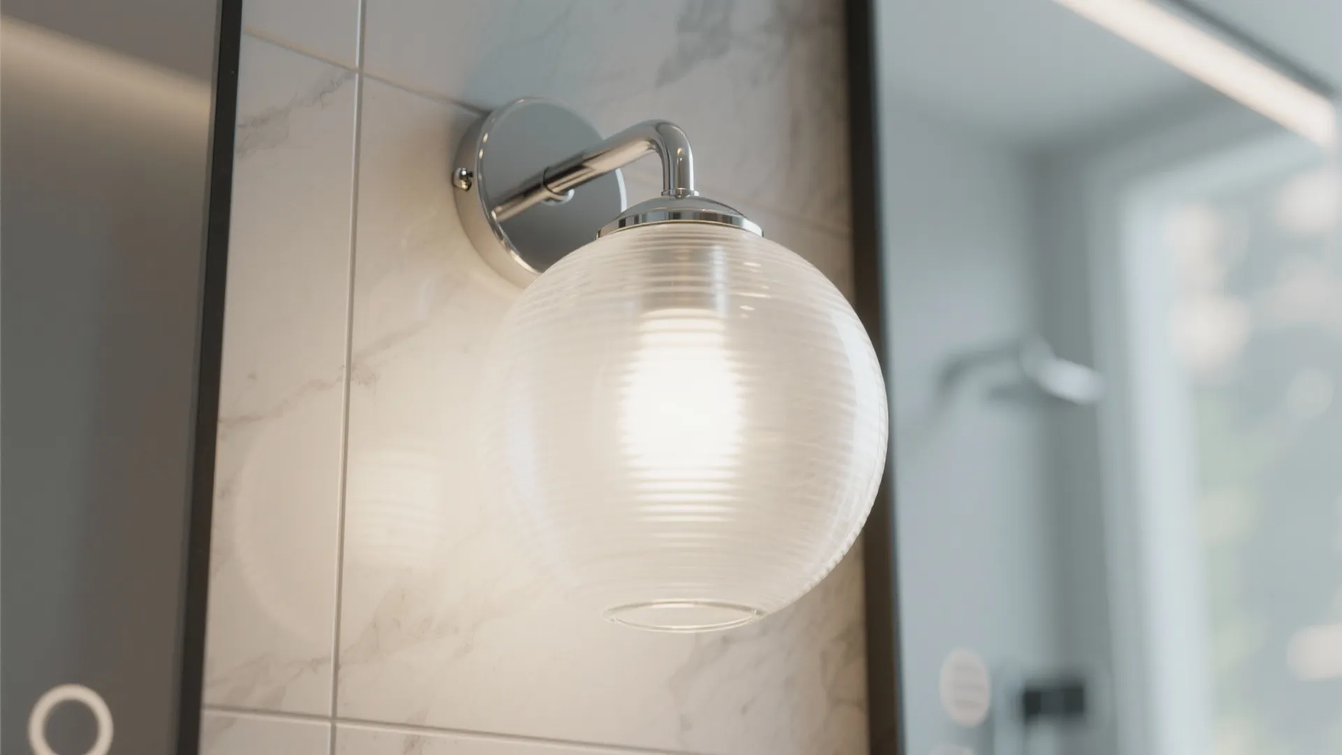 Modern round glass wall light mounted on white marble bathroom tile next to a mirror